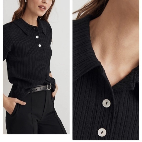 Madewell Tops - Madewell Variegated Rib Boxy Polo Shirt Black XS